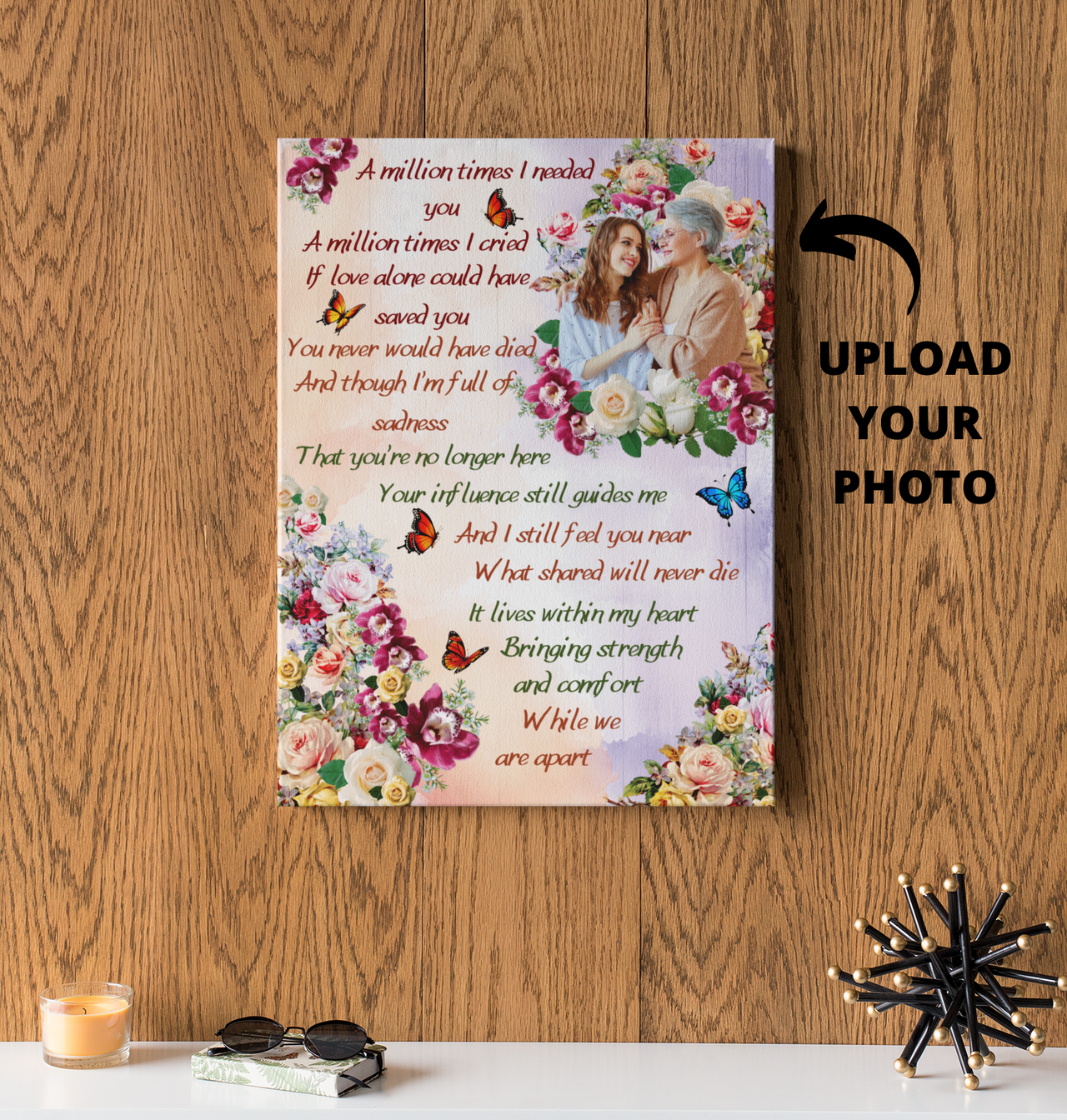 Personalized memorial canvas with a beautiful poem, designed with flowers and photo of the mother in it